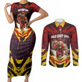 Personalised Gold Coast Suns Football Couples Matching Short Sleeve Bodycon Dress and Long Sleeve Button Shirt Electric Red Flame Mascot Charging Cityscape