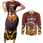 Personalised Gold Coast Suns Football Couples Matching Short Sleeve Bodycon Dress and Long Sleeve Button Shirt Electric Red Flame Mascot Charging Cityscape