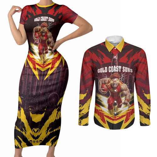 Personalised Gold Coast Suns Football Couples Matching Short Sleeve Bodycon Dress and Long Sleeve Button Shirt Electric Red Flame Mascot Charging Cityscape
