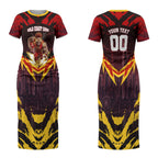 Personalised Gold Coast Suns Football Couples Matching Short Sleeve Bodycon Dress and Long Sleeve Button Shirt Electric Red Flame Mascot Charging Cityscape
