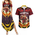 Personalised Gold Coast Suns Football Couples Matching Summer Maxi Dress and Hawaiian Shirt Electric Red Flame Mascot Charging Cityscape