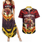 Personalised Gold Coast Suns Football Couples Matching Summer Maxi Dress and Hawaiian Shirt Electric Red Flame Mascot Charging Cityscape