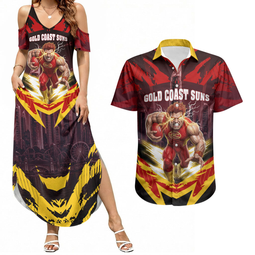 Personalised Gold Coast Suns Football Couples Matching Summer Maxi Dress and Hawaiian Shirt Electric Red Flame Mascot Charging Cityscape