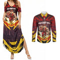 Personalised Gold Coast Suns Football Couples Matching Summer Maxi Dress and Long Sleeve Button Shirt Electric Red Flame Mascot Charging Cityscape