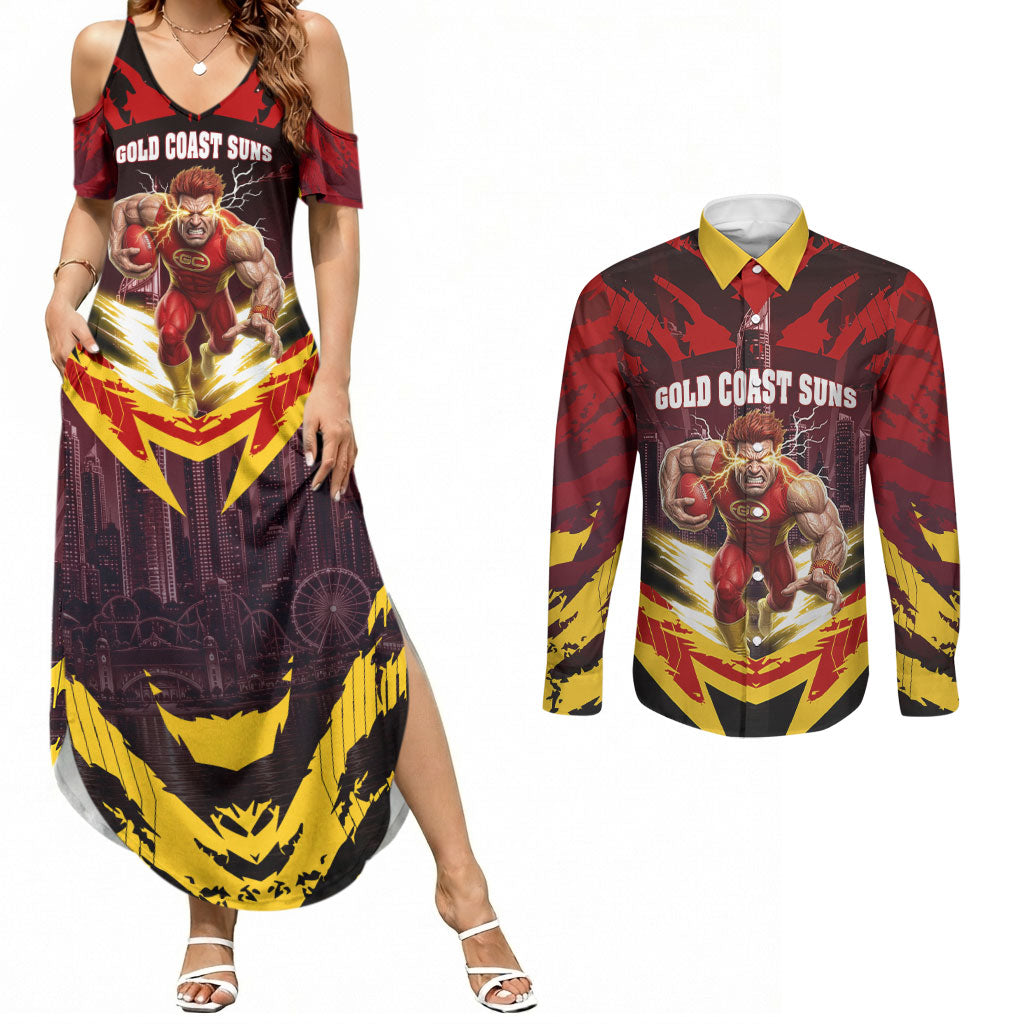 Personalised Gold Coast Suns Football Couples Matching Summer Maxi Dress and Long Sleeve Button Shirt Electric Red Flame Mascot Charging Cityscape