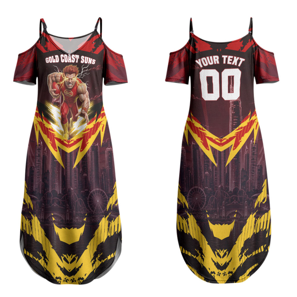 Personalised Gold Coast Suns Football Couples Matching Summer Maxi Dress and Long Sleeve Button Shirt Electric Red Flame Mascot Charging Cityscape
