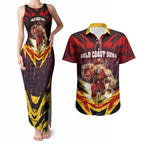 Personalised Gold Coast Suns Football Couples Matching Tank Maxi Dress and Hawaiian Shirt Electric Red Flame Mascot Charging Cityscape