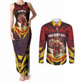 Personalised Gold Coast Suns Football Couples Matching Tank Maxi Dress and Long Sleeve Button Shirt Electric Red Flame Mascot Charging Cityscape