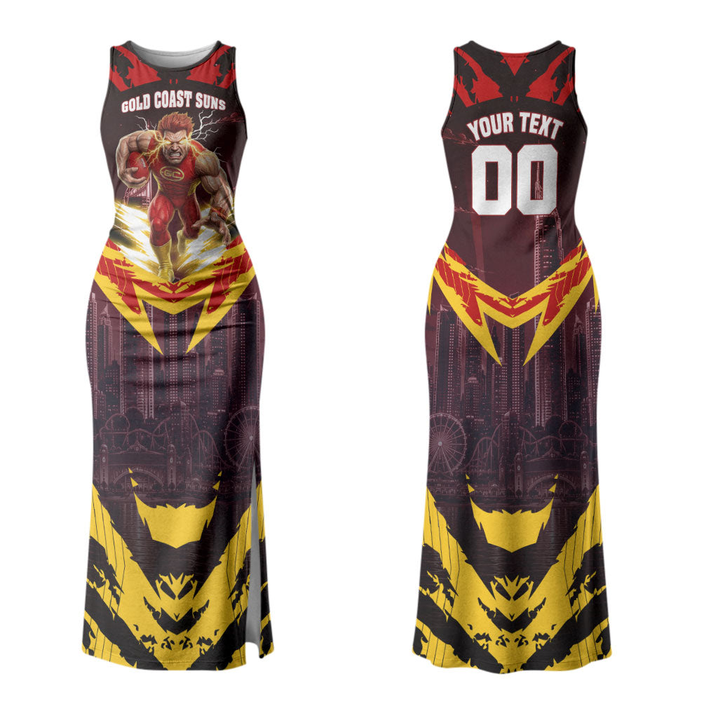 Personalised Gold Coast Suns Football Couples Matching Tank Maxi Dress and Long Sleeve Button Shirt Electric Red Flame Mascot Charging Cityscape