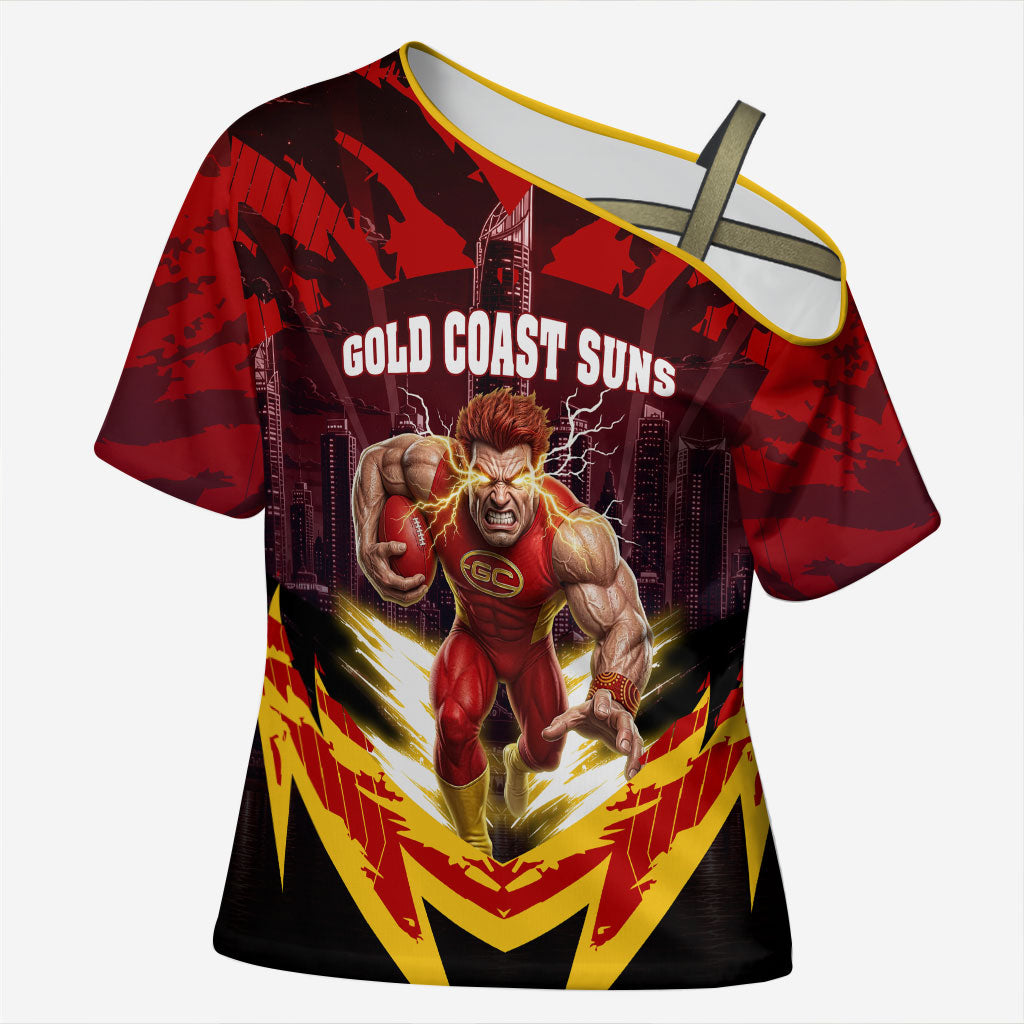Personalised Gold Coast Suns Football Cross Shoulder Shirt Electric Red Flame Mascot Charging Cityscape
