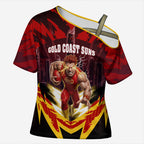 Personalised Gold Coast Suns Football Cross Shoulder Shirt Electric Red Flame Mascot Charging Cityscape