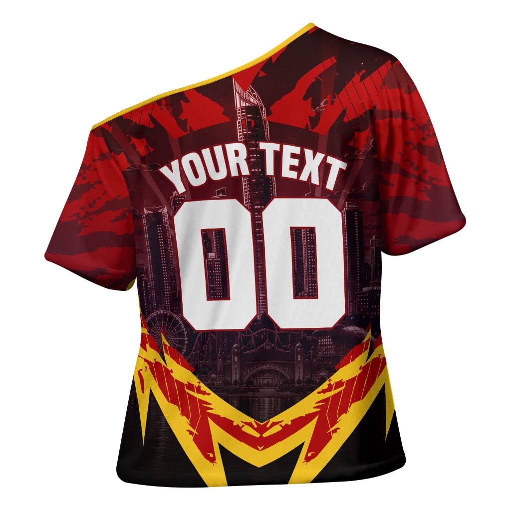 Personalised Gold Coast Suns Football Cross Shoulder Shirt Electric Red Flame Mascot Charging Cityscape