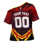 Personalised Gold Coast Suns Football Cross Shoulder Shirt Electric Red Flame Mascot Charging Cityscape