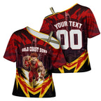 Personalised Gold Coast Suns Football Cross Shoulder Shirt Electric Red Flame Mascot Charging Cityscape