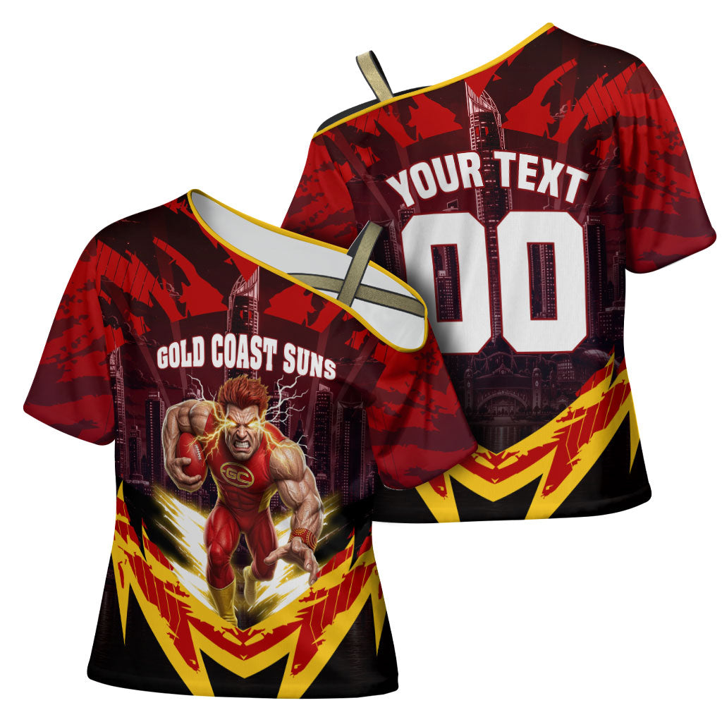 Personalised Gold Coast Suns Football Cross Shoulder Shirt Electric Red Flame Mascot Charging Cityscape