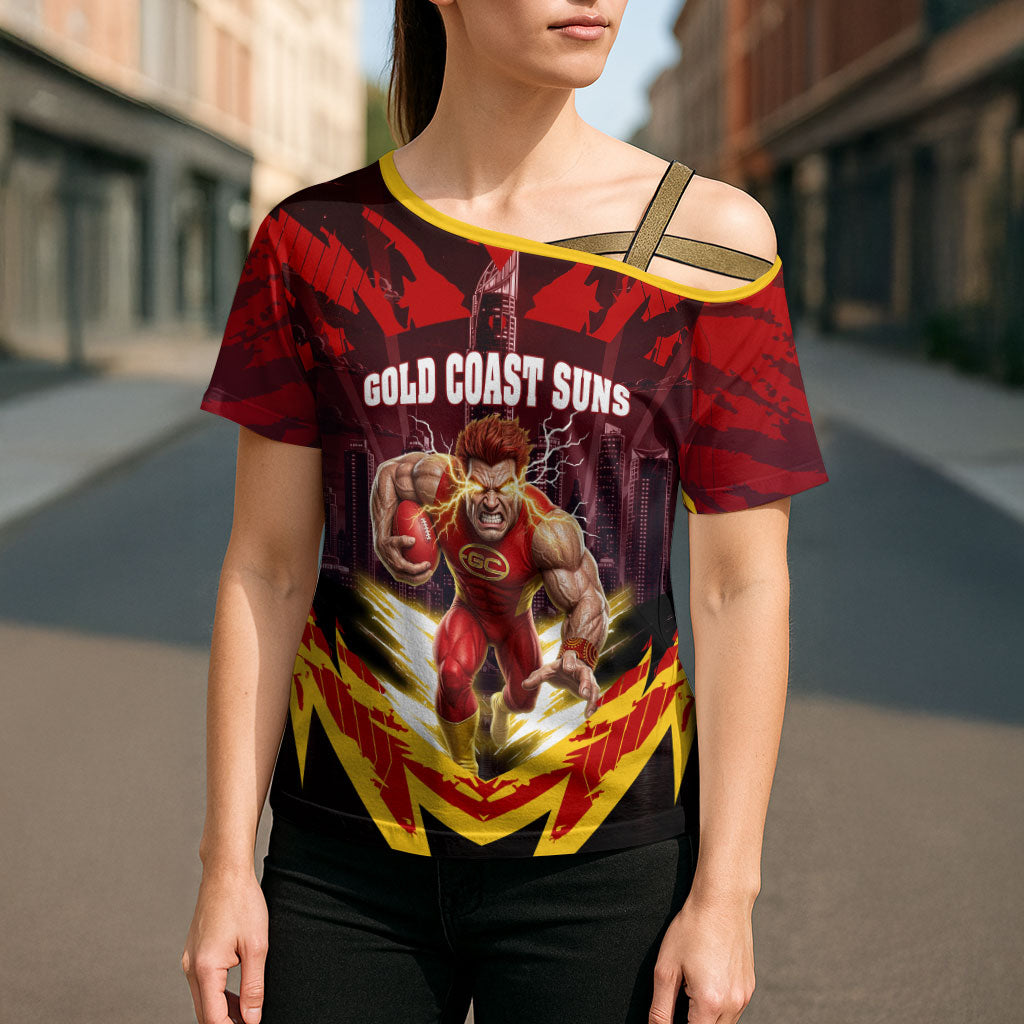 Personalised Gold Coast Suns Football Cross Shoulder Shirt Electric Red Flame Mascot Charging Cityscape