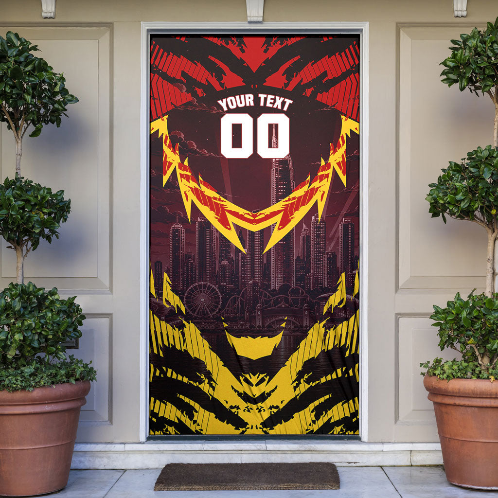 Personalised Gold Coast Suns Football Door Cover Electric Red Flame Mascot Charging Cityscape