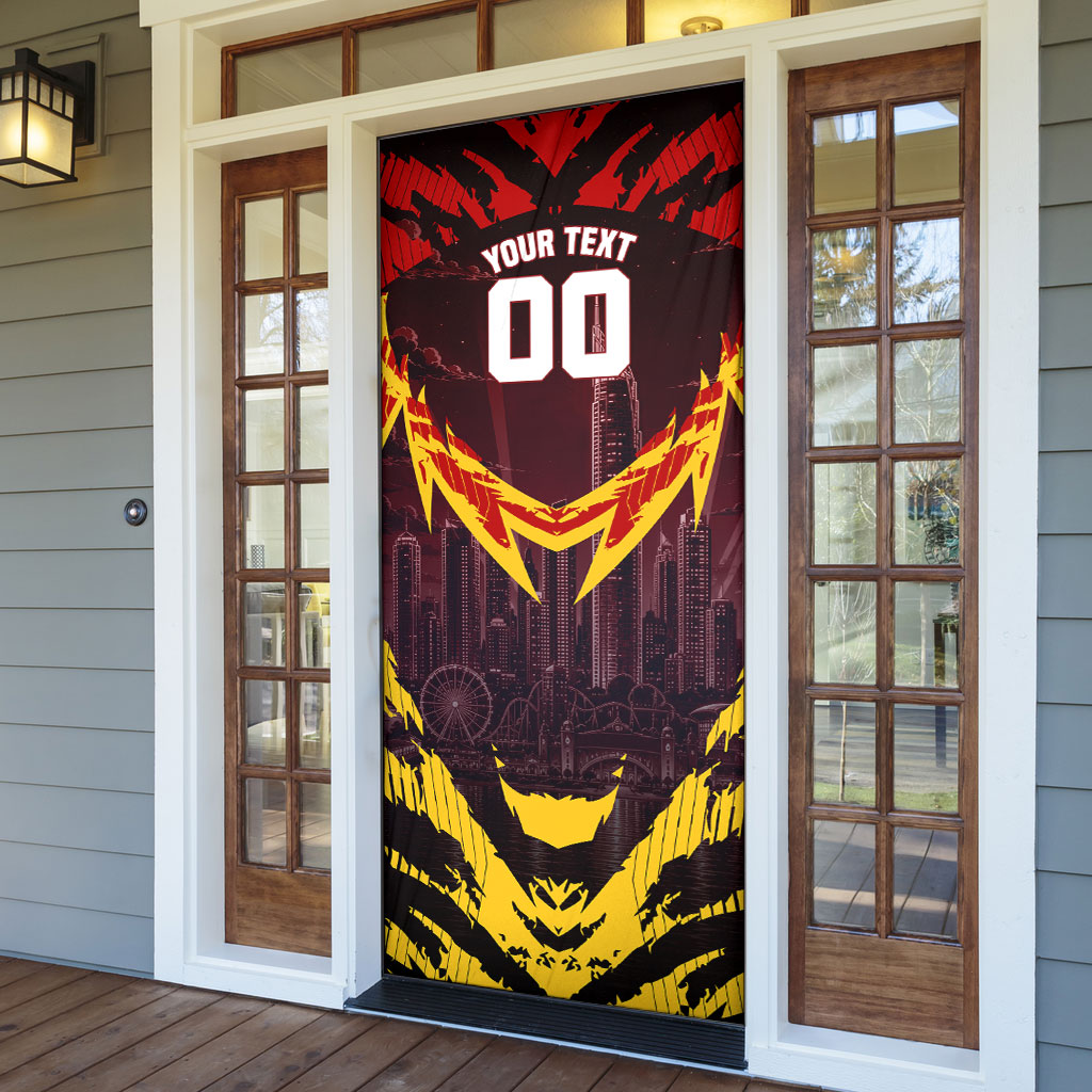Personalised Gold Coast Suns Football Door Cover Electric Red Flame Mascot Charging Cityscape