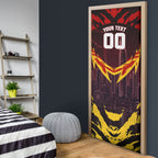 Personalised Gold Coast Suns Football Door Cover Electric Red Flame Mascot Charging Cityscape