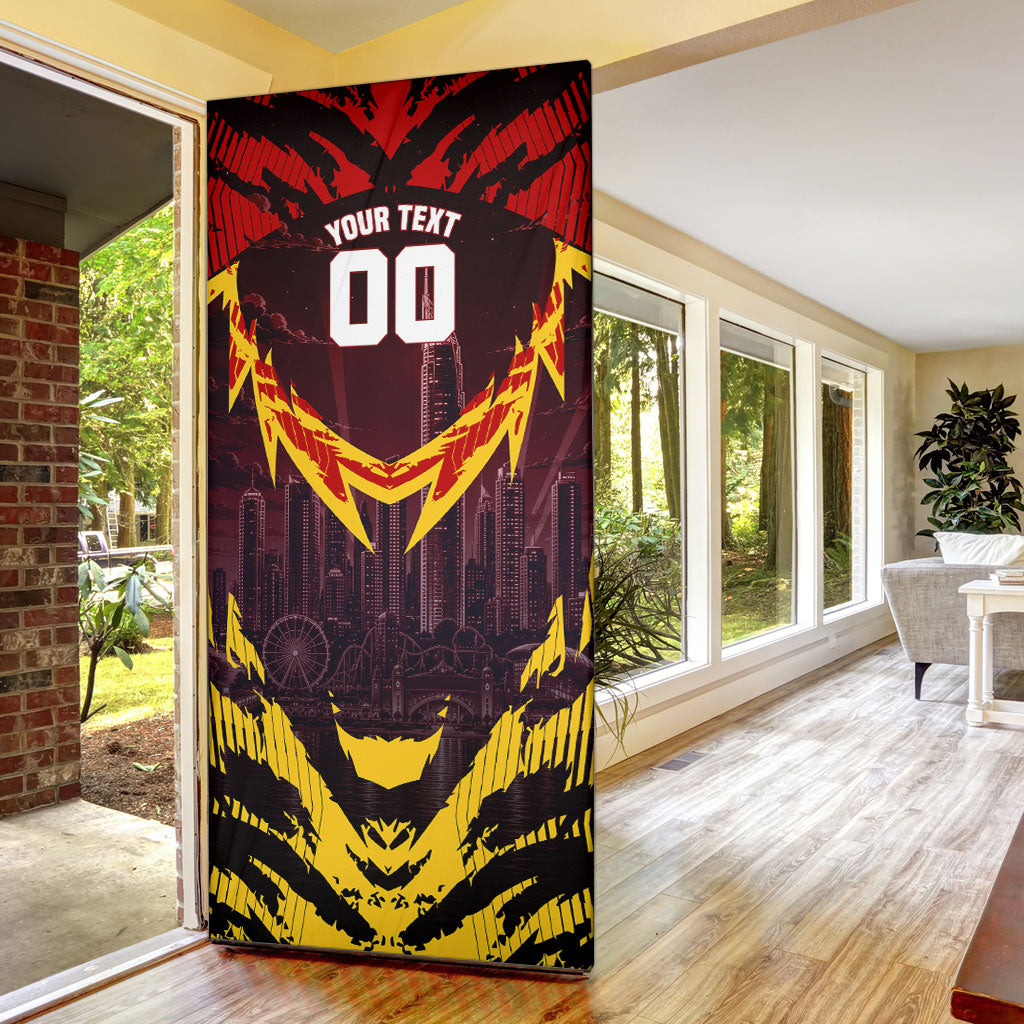 Personalised Gold Coast Suns Football Door Cover Electric Red Flame Mascot Charging Cityscape