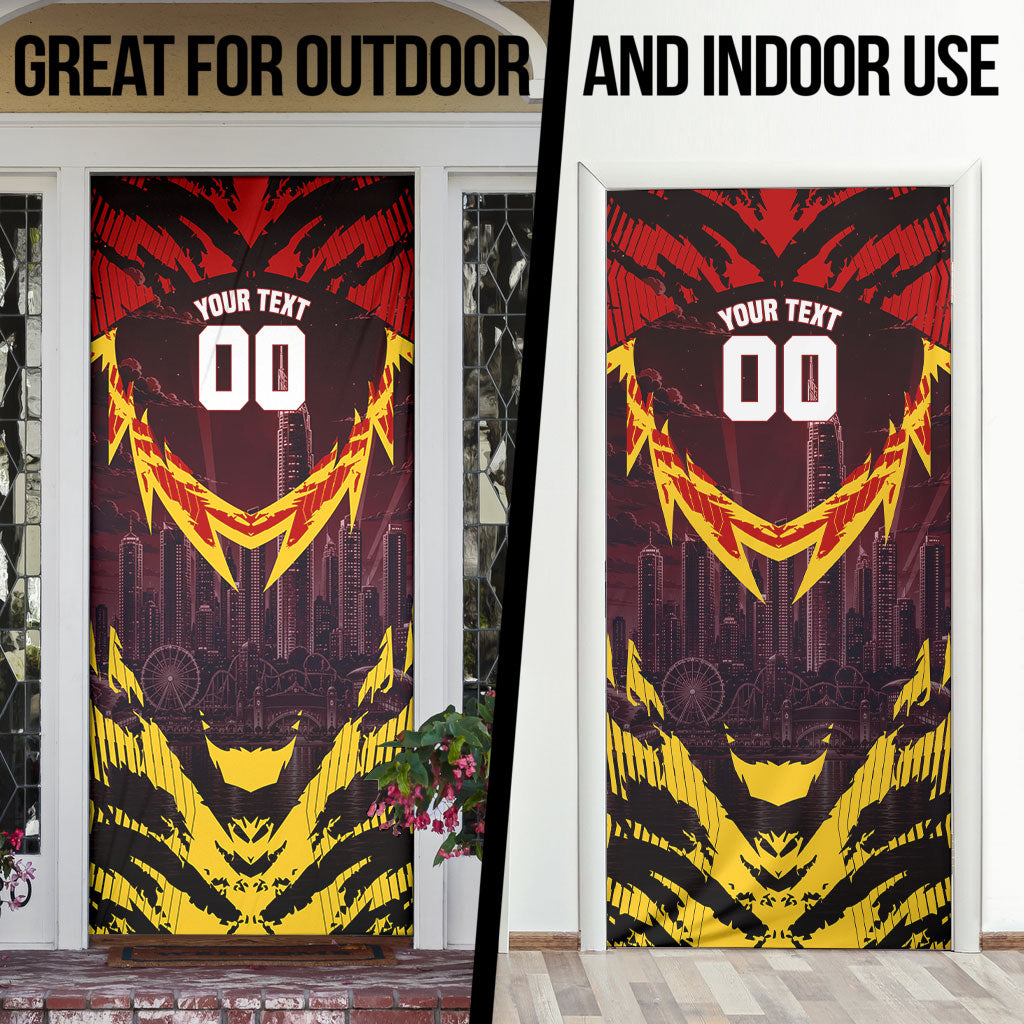 Personalised Gold Coast Suns Football Door Cover Electric Red Flame Mascot Charging Cityscape