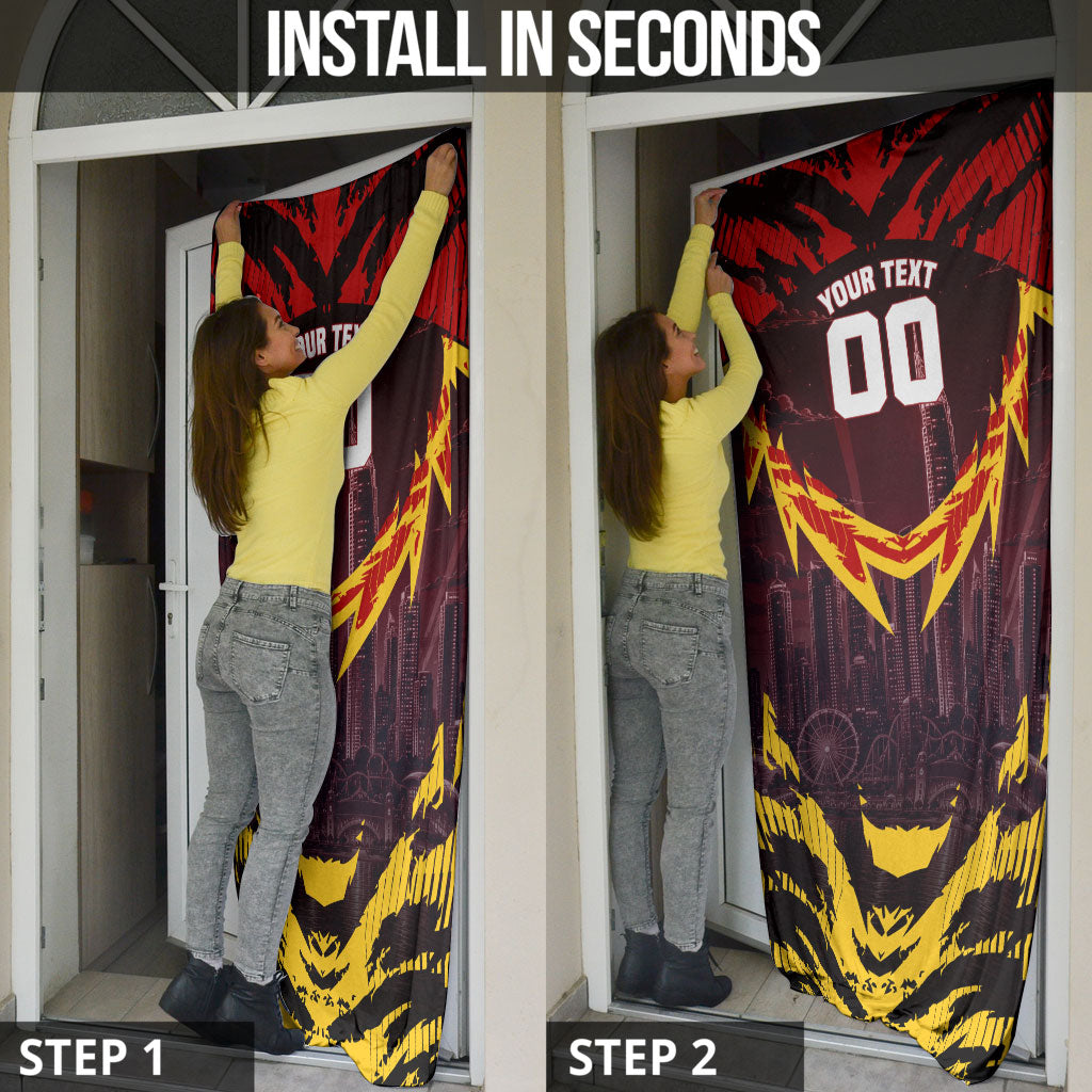 Personalised Gold Coast Suns Football Door Cover Electric Red Flame Mascot Charging Cityscape