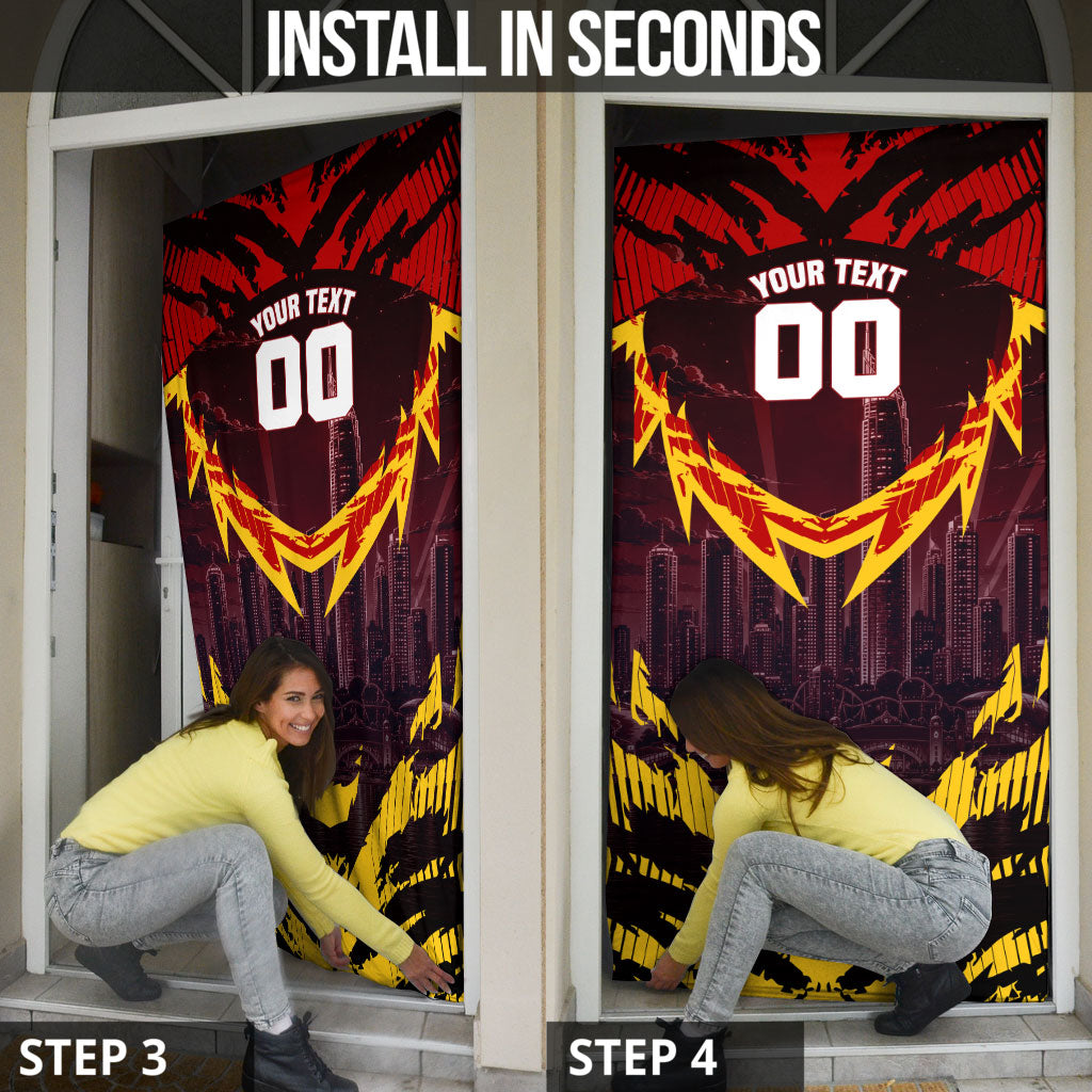 Personalised Gold Coast Suns Football Door Cover Electric Red Flame Mascot Charging Cityscape