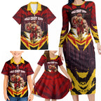Personalised Gold Coast Suns Football Family Matching Long Sleeve Bodycon Dress and Hawaiian Shirt Electric Red Flame Mascot Charging Cityscape