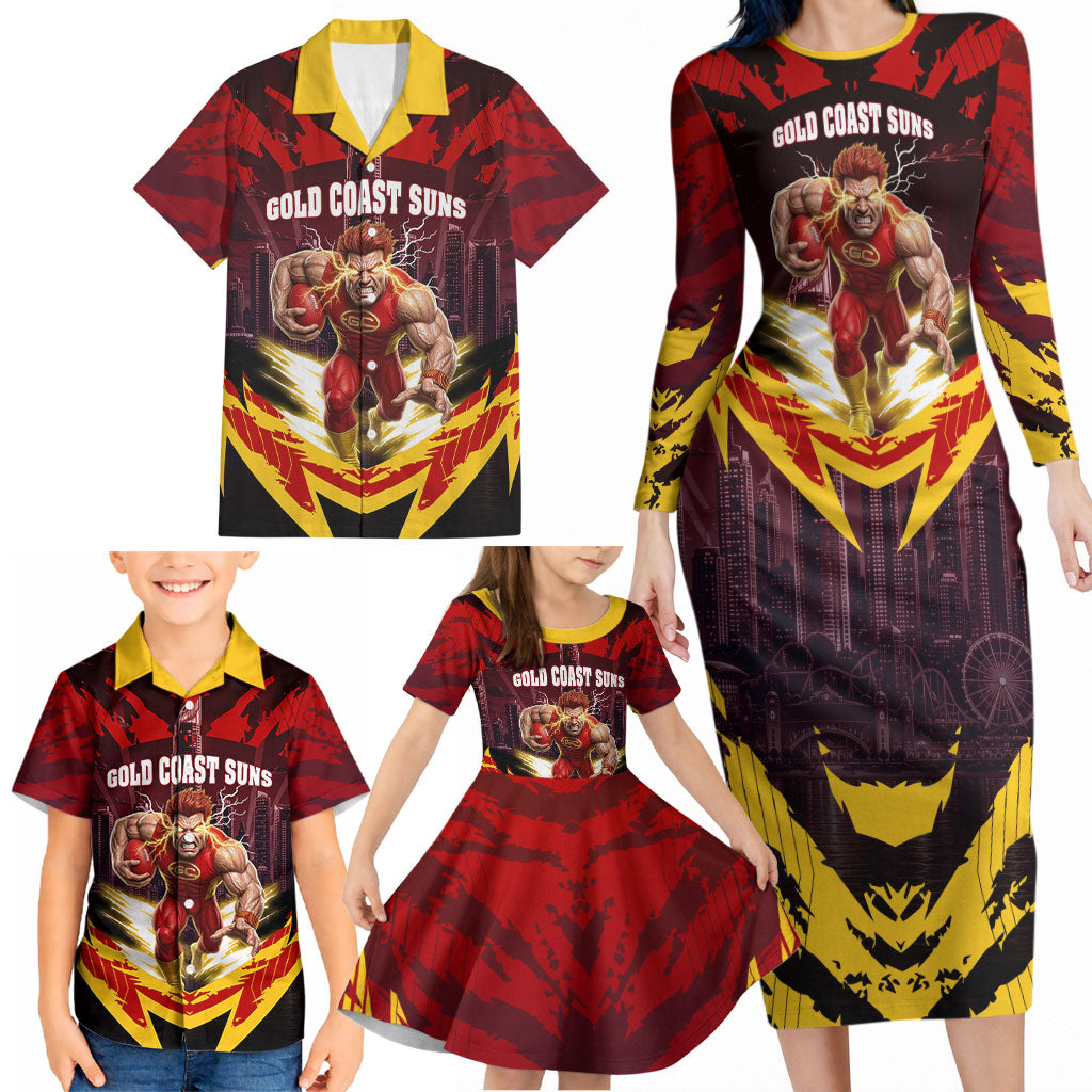 Personalised Gold Coast Suns Football Family Matching Long Sleeve Bodycon Dress and Hawaiian Shirt Electric Red Flame Mascot Charging Cityscape