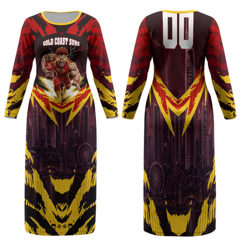 Personalised Gold Coast Suns Football Family Matching Long Sleeve Bodycon Dress and Hawaiian Shirt Electric Red Flame Mascot Charging Cityscape