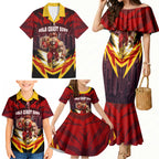 Personalised Gold Coast Suns Football Family Matching Mermaid Dress and Hawaiian Shirt Electric Red Flame Mascot Charging Cityscape