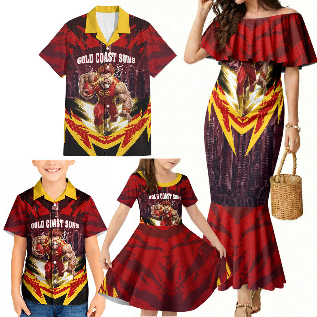Personalised Gold Coast Suns Football Family Matching Mermaid Dress and Hawaiian Shirt Electric Red Flame Mascot Charging Cityscape