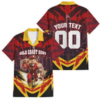 Personalised Gold Coast Suns Football Family Matching Mermaid Dress and Hawaiian Shirt Electric Red Flame Mascot Charging Cityscape