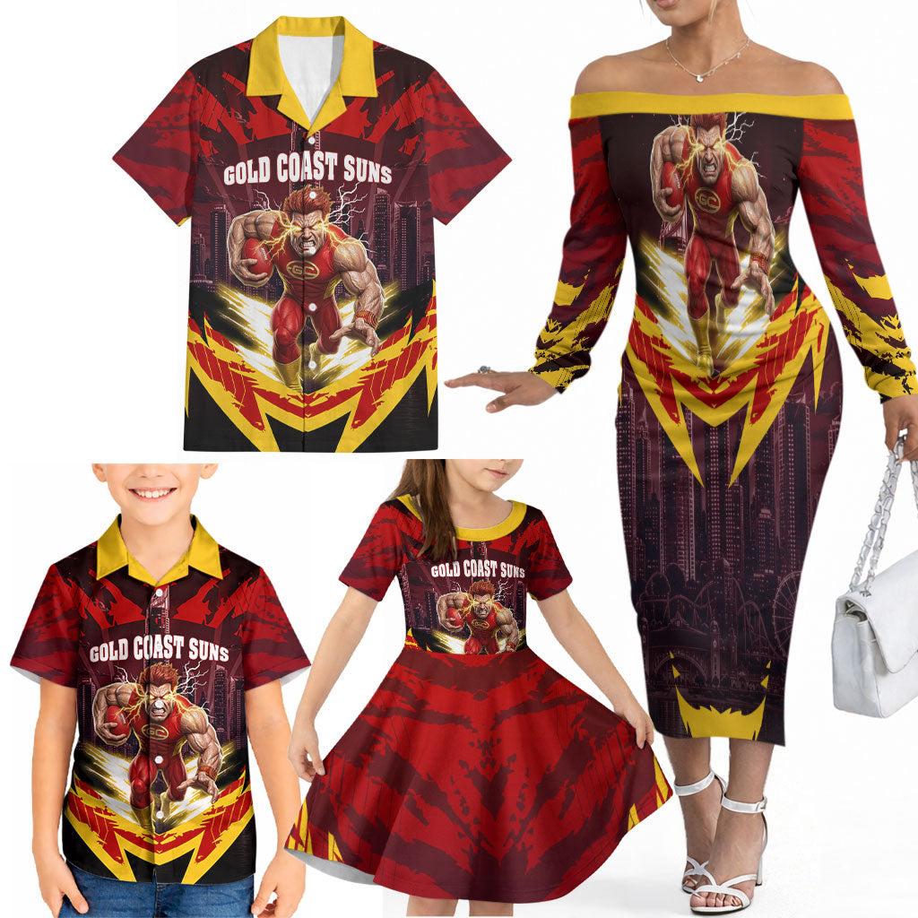 Personalised Gold Coast Suns Football Family Matching Off The Shoulder Long Sleeve Dress and Hawaiian Shirt Electric Red Flame Mascot Charging Cityscape