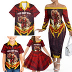 Personalised Gold Coast Suns Football Family Matching Off The Shoulder Long Sleeve Dress and Hawaiian Shirt Electric Red Flame Mascot Charging Cityscape