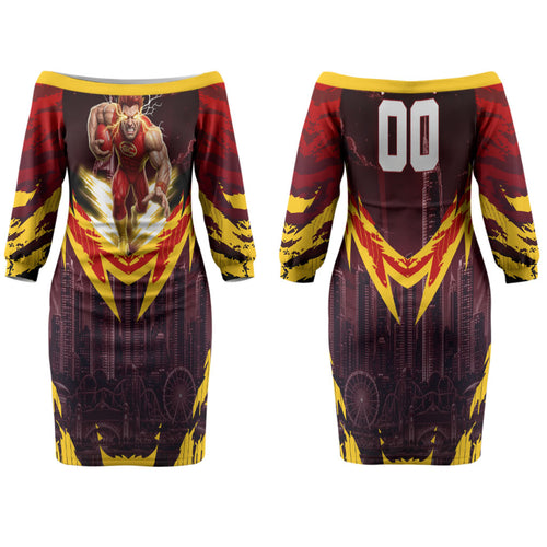 Personalised Gold Coast Suns Football Family Matching Off The Shoulder Long Sleeve Dress and Hawaiian Shirt Electric Red Flame Mascot Charging Cityscape