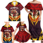 Personalised Gold Coast Suns Football Family Matching Off Shoulder Maxi Dress and Hawaiian Shirt Electric Red Flame Mascot Charging Cityscape