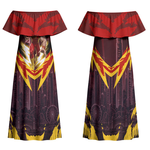 Personalised Gold Coast Suns Football Family Matching Off Shoulder Maxi Dress and Hawaiian Shirt Electric Red Flame Mascot Charging Cityscape