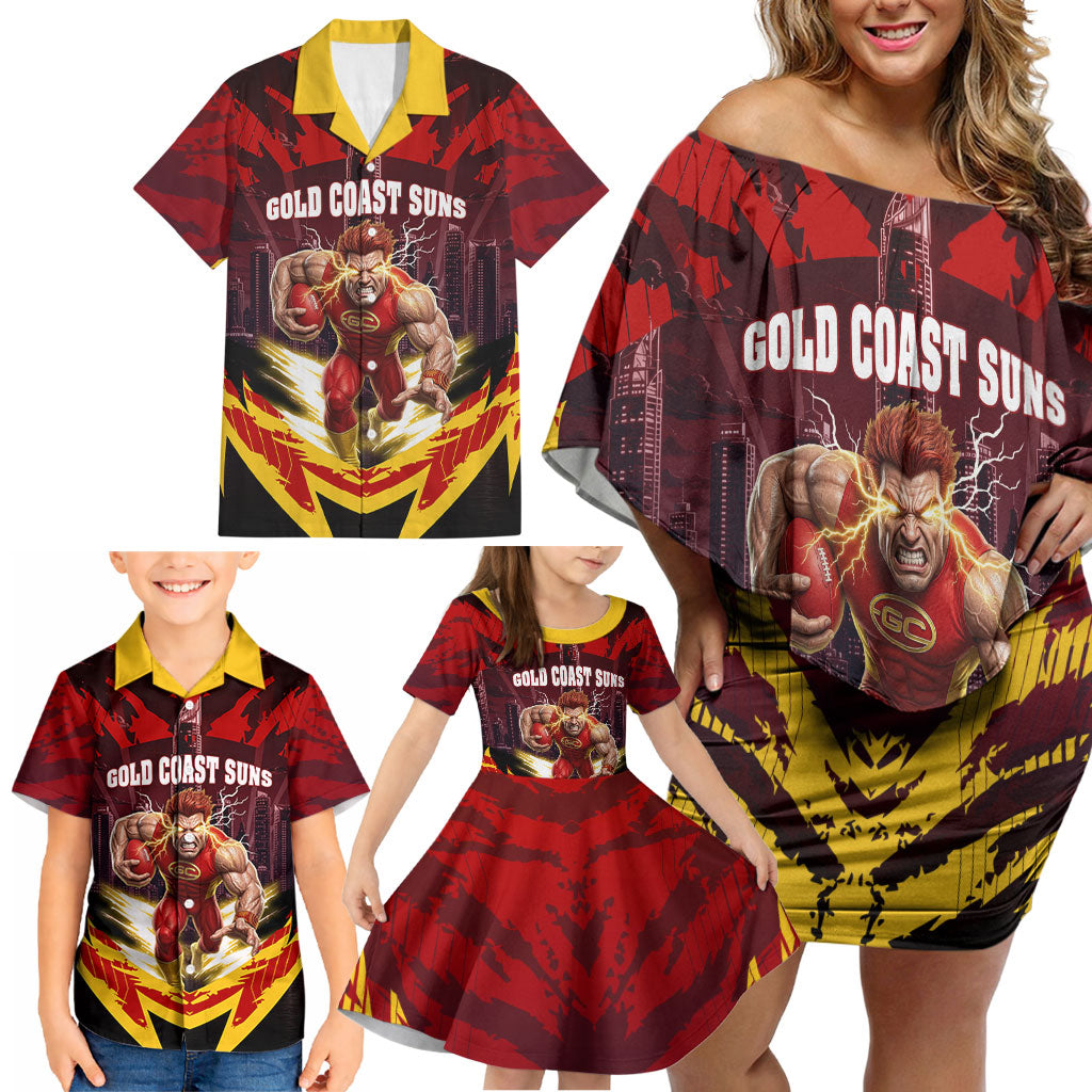 Personalised Gold Coast Suns Football Family Matching Off Shoulder Short Dress and Hawaiian Shirt Electric Red Flame Mascot Charging Cityscape