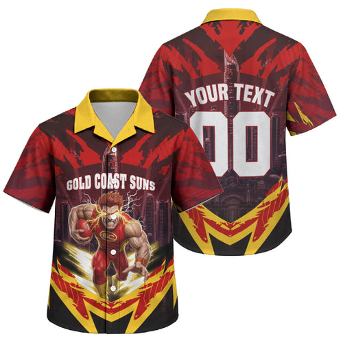 Personalised Gold Coast Suns Football Family Matching Off Shoulder Short Dress and Hawaiian Shirt Electric Red Flame Mascot Charging Cityscape