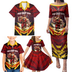 Personalised Gold Coast Suns Football Family Matching Puletasi and Hawaiian Shirt Electric Red Flame Mascot Charging Cityscape