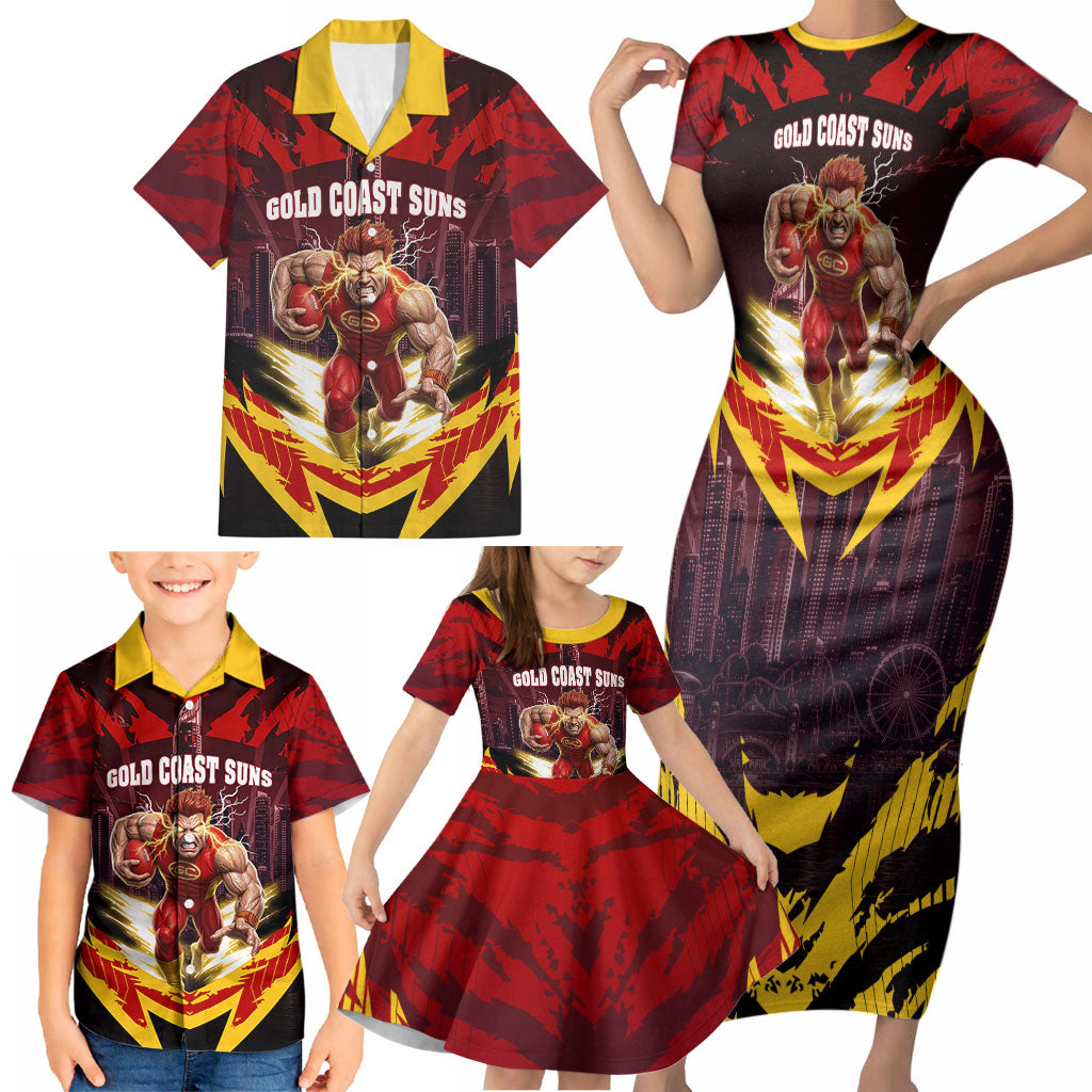 Personalised Gold Coast Suns Football Family Matching Short Sleeve Bodycon Dress and Hawaiian Shirt Electric Red Flame Mascot Charging Cityscape