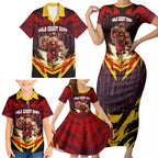 Personalised Gold Coast Suns Football Family Matching Short Sleeve Bodycon Dress and Hawaiian Shirt Electric Red Flame Mascot Charging Cityscape