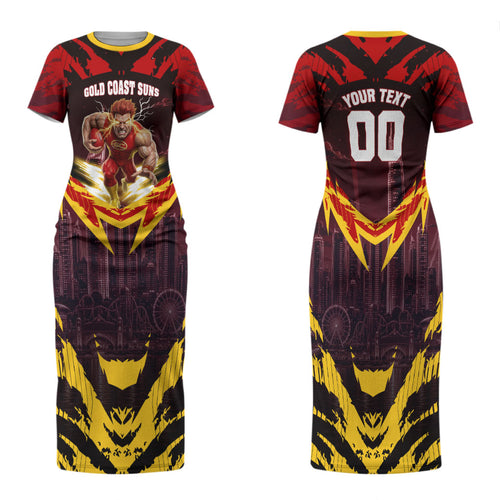 Personalised Gold Coast Suns Football Family Matching Short Sleeve Bodycon Dress and Hawaiian Shirt Electric Red Flame Mascot Charging Cityscape