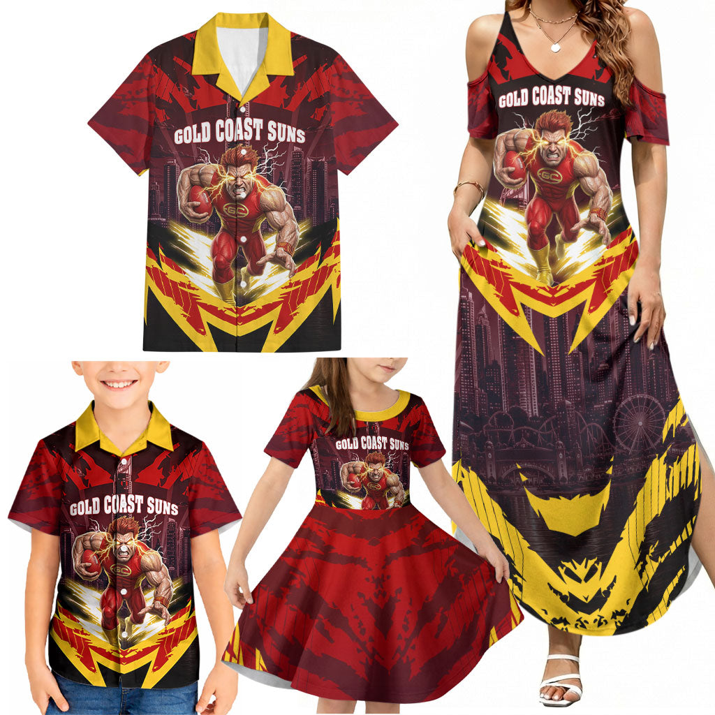 Personalised Gold Coast Suns Football Family Matching Summer Maxi Dress and Hawaiian Shirt Electric Red Flame Mascot Charging Cityscape