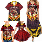 Personalised Gold Coast Suns Football Family Matching Summer Maxi Dress and Hawaiian Shirt Electric Red Flame Mascot Charging Cityscape