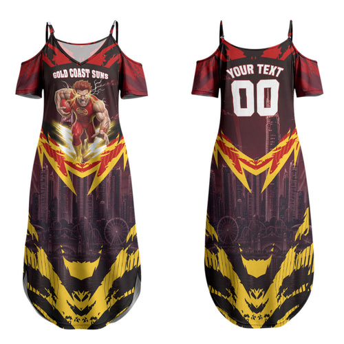Personalised Gold Coast Suns Football Family Matching Summer Maxi Dress and Hawaiian Shirt Electric Red Flame Mascot Charging Cityscape
