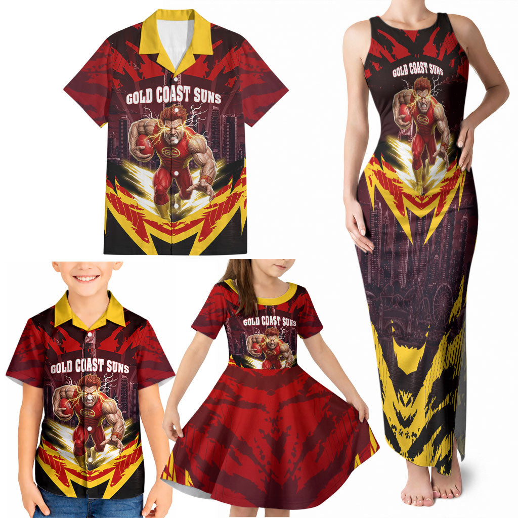 Personalised Gold Coast Suns Football Family Matching Tank Maxi Dress and Hawaiian Shirt Electric Red Flame Mascot Charging Cityscape