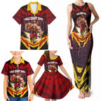 Personalised Gold Coast Suns Football Family Matching Tank Maxi Dress and Hawaiian Shirt Electric Red Flame Mascot Charging Cityscape