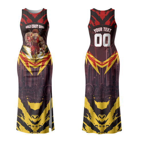 Personalised Gold Coast Suns Football Family Matching Tank Maxi Dress and Hawaiian Shirt Electric Red Flame Mascot Charging Cityscape